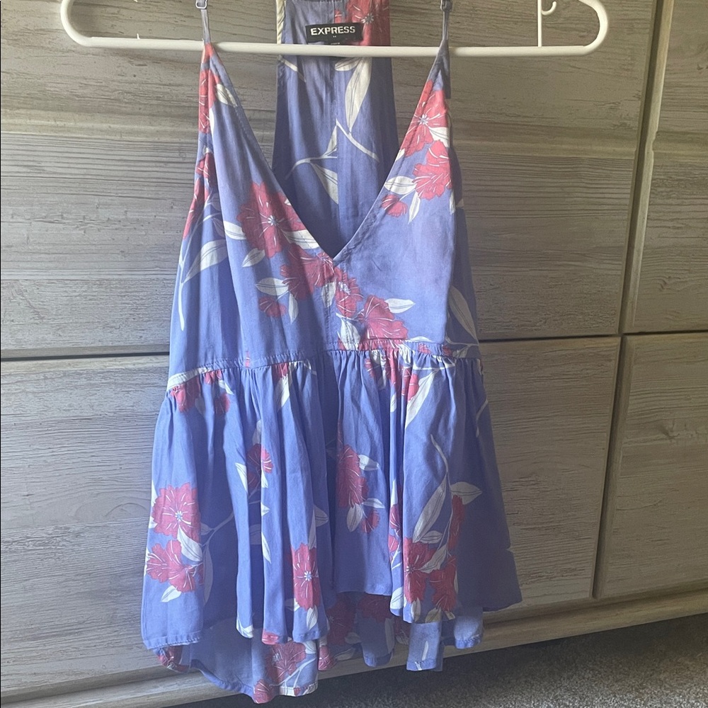 Express Blue and Red Floral Ruffle Top